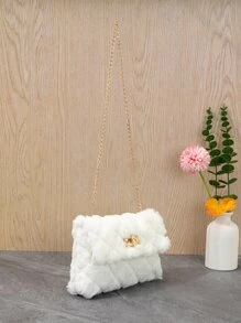 New Arrival Mini Plush Rhombic Grid Crossbody Bag, Versatile And Fashionable - White - View 3