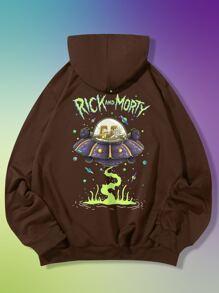 ROMWE MEN Rick and Morty | ROMWE Guys Letter Cartoon Graphic Kangaroo Pocket Drawstring Hoodie - Coffee Brown - View 1
