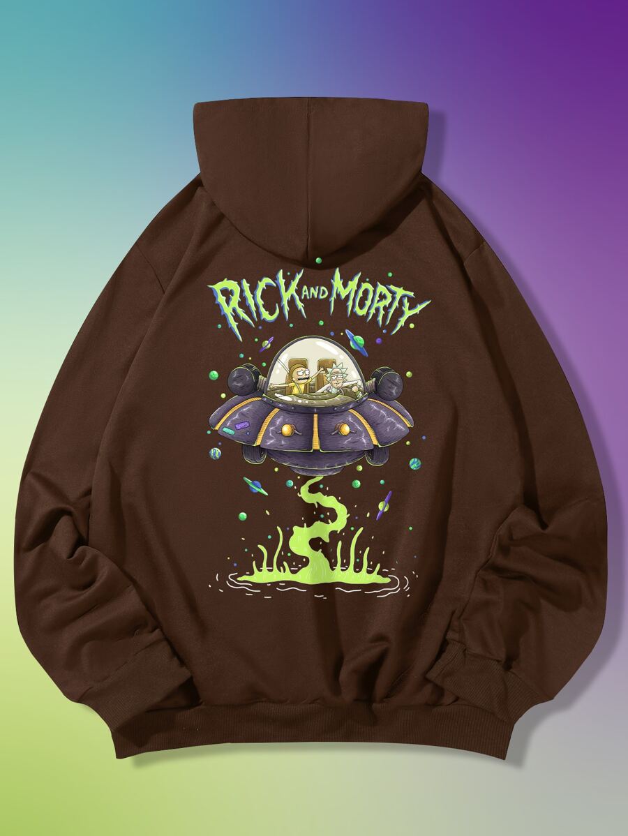 ROMWE MEN Rick and Morty | ROMWE Guys Letter Cartoon Graphic Kangaroo Pocket Drawstring Hoodie - Coffee Brown - View 1