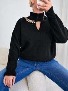 Celure Plus Chain Detail High Neck Drop Shoulder Jumper - Black - View 1