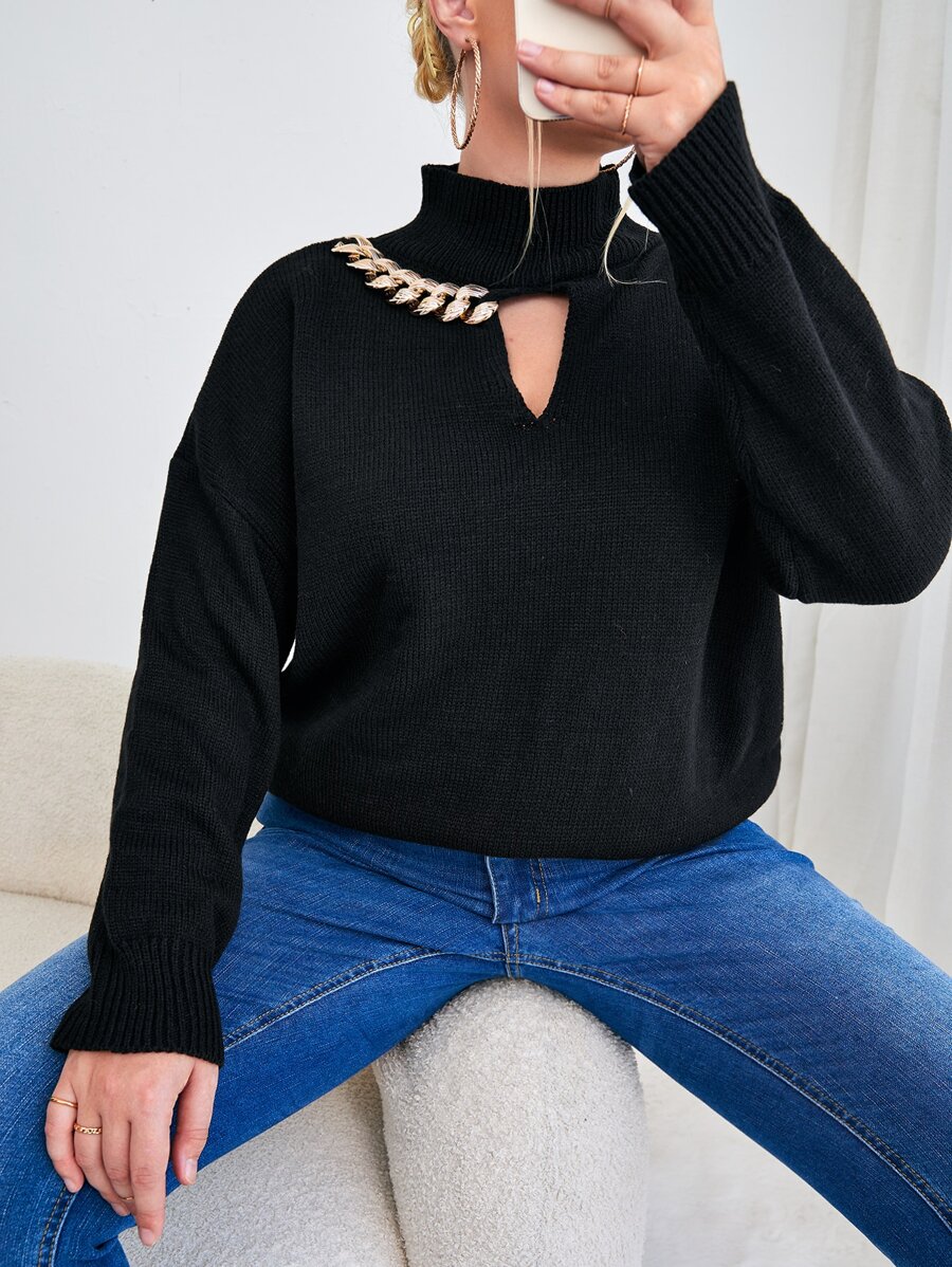Celure Plus Chain Detail High Neck Drop Shoulder Jumper - Black - View 1