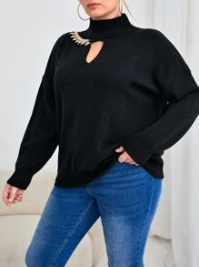 Celure Plus Chain Detail High Neck Drop Shoulder Jumper - Black - View 5