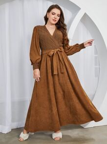 Modelyn Plus Surplice Neck Lantern Sleeve Belted Dress - Brown - View 4