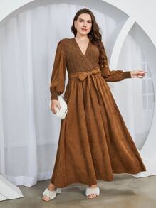 Modelyn Plus Surplice Neck Lantern Sleeve Belted Dress - Brown - View 1