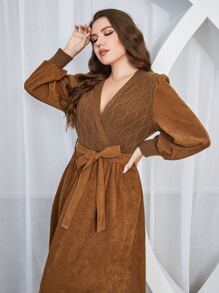 Modelyn Plus Surplice Neck Lantern Sleeve Belted Dress - Brown - View 6