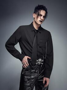 ROMWE MEN Goth Guys Chain Detail Flap Pocket Shirt - Black - View 1