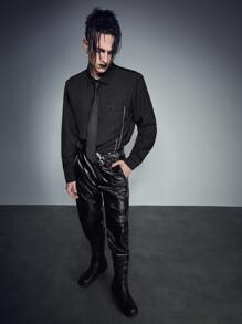 ROMWE MEN Goth Guys Chain Detail Flap Pocket Shirt - Black - View 3