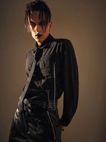 ROMWE MEN Goth Guys Chain Detail Flap Pocket Shirt - Black - View 4