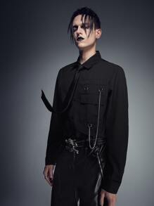 ROMWE MEN Goth Guys Chain Detail Flap Pocket Shirt - Black - View 6