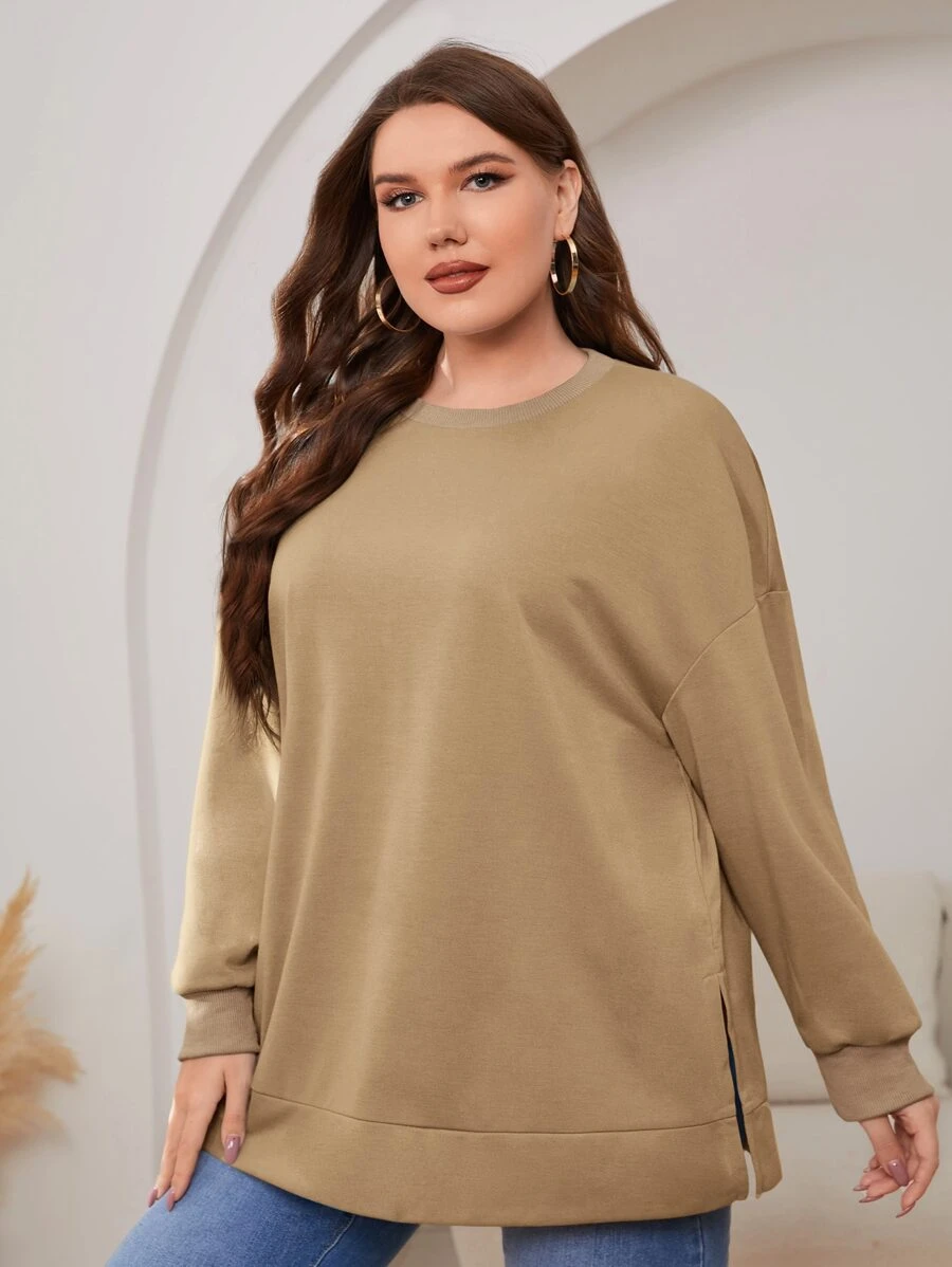 Mulvari Plus Drop Shoulder Split Hem Sweatshirt - Khaki - View 1