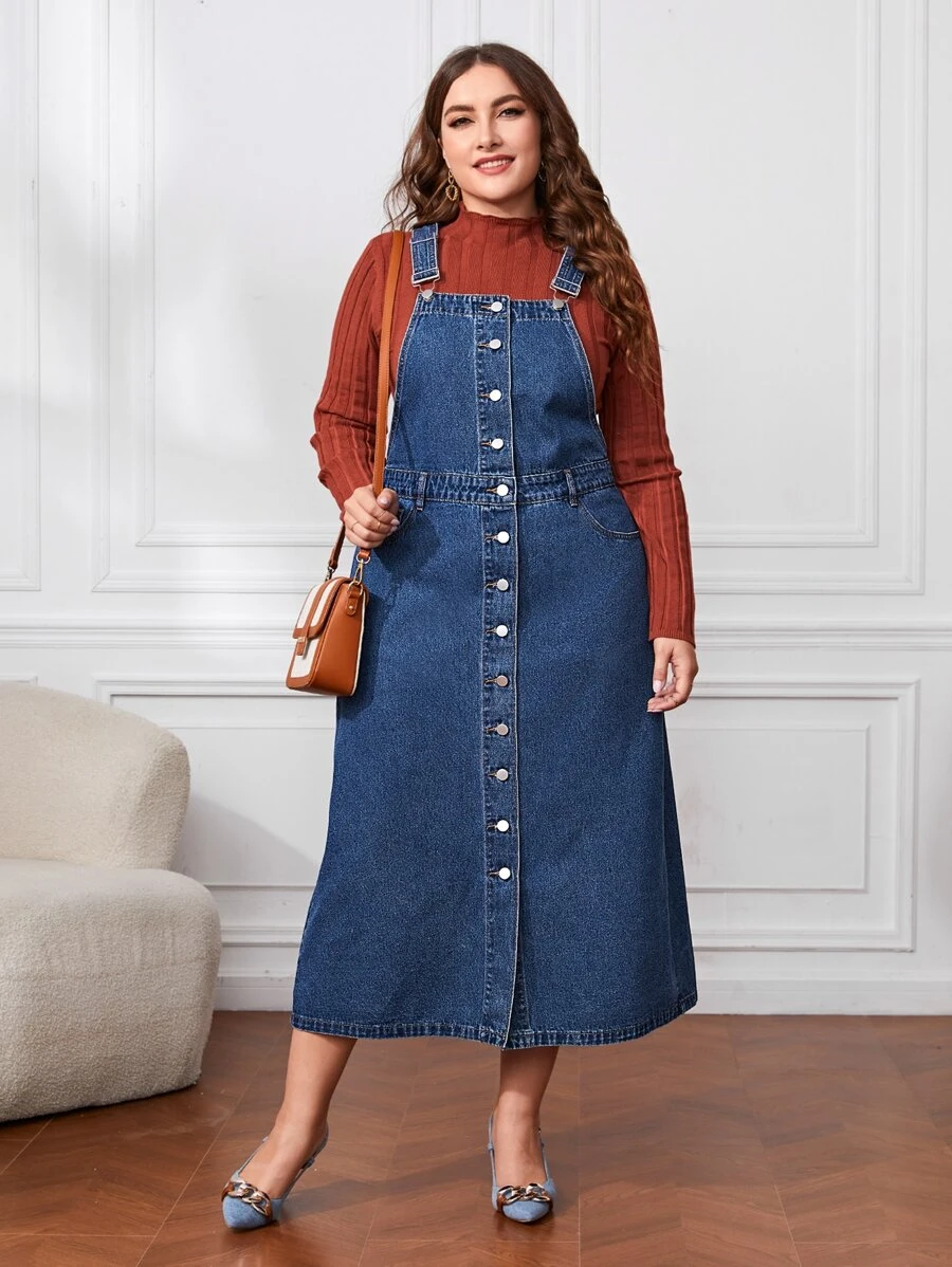 Vestido overol mezclilla con botón sin camiseta - Azul lavado medio - Ver 1