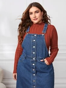 Vestido overol mezclilla con botón sin camiseta - Azul lavado medio - Ver 3