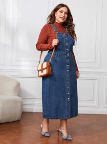 Vestido overol mezclilla con botón sin camiseta - Azul lavado medio - Ver 4