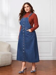 Vestido overol mezclilla con botón sin camiseta - Azul lavado medio - Ver 5