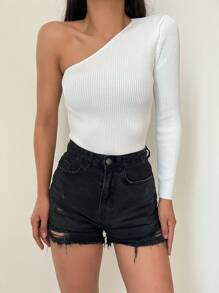 RueChic One Shoulder Ribbed Knit Jumper - White - View 2