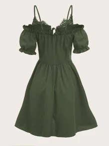ROMWE Fairycore Solid Frill Trim Cold Shoulder Dress - Army Green - View 3