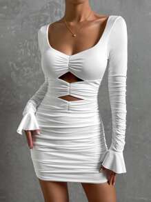 SHEIN Allurite Vestido ajustado con abertura de manga con volante fruncido - Blanco - Ver 1