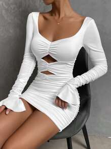 SHEIN Allurite Vestido ajustado con abertura de manga con volante fruncido - Blanco - Ver 5