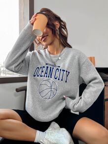SHEIN Unity Basketball & Letter Graphic Drop Shoulder Sweatshirt - Grey - View 3