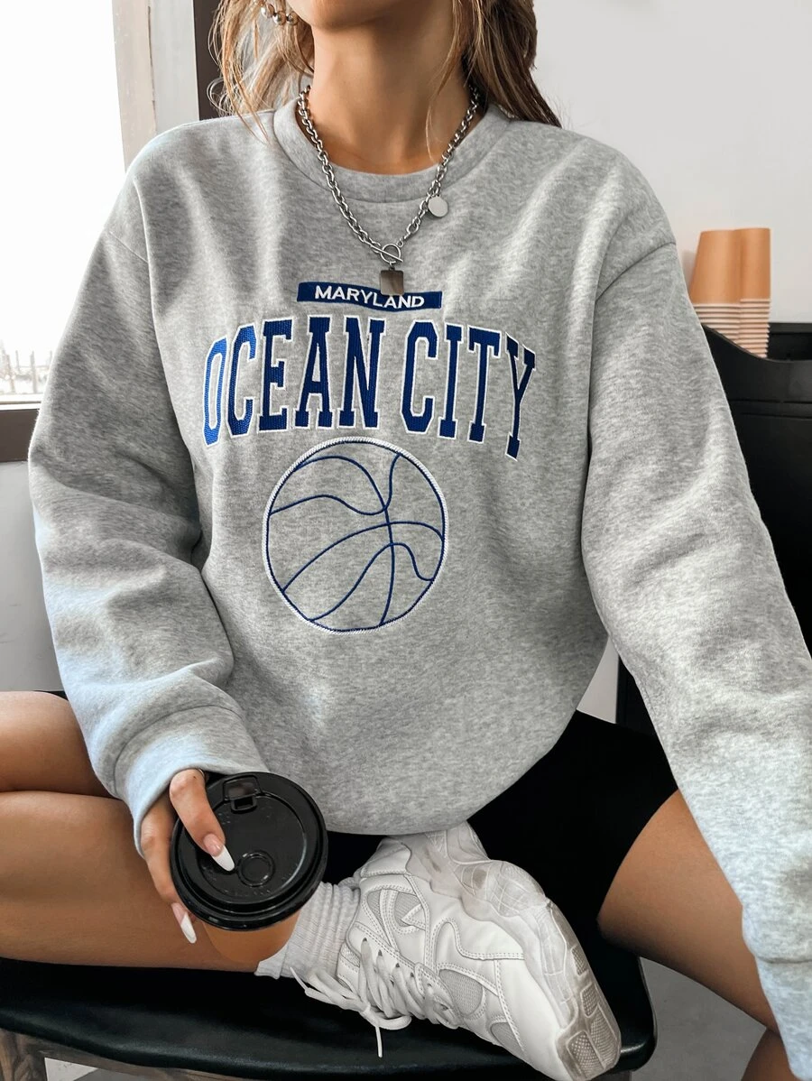 SHEIN Unity Basketball & Letter Graphic Drop Shoulder Sweatshirt - Grey - View 1