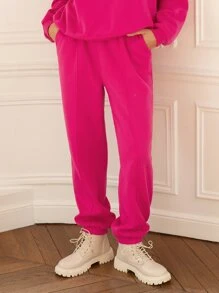 SHEIN Frenchy 女款加大尺寸斜口袋彈力腰部運動褲 - 玫紅色 - 查看 2