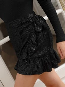 SHEIN Frenchy Ruffle Trim Wrap Sequin Skirt - Black - View 3