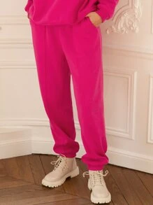 SHEIN Frenchy 女款加大尺寸斜口袋彈力腰部運動褲 - 玫紅色 - 查看 1