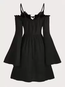 ROMWE Fairycore Solid Frill Trim Tie Front Dress - Black - View 2