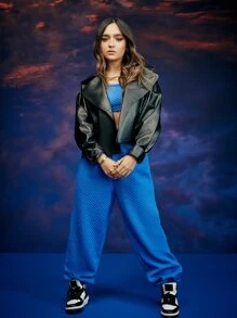 SHEIN X Calle y Poché SHEIN Coolane Cazadora de cuello con solapa con parte delantera abierta PU - Negro - Ver 2