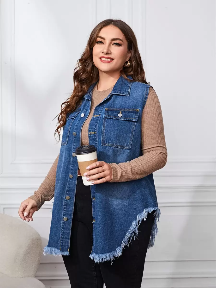 SHEIN Essnce Plus Raw Cut Asymmetrical Hem Vest Denim Jacket Without Tee Boho Style Vacation Music Festival Autumn - Medium Wash - View 1