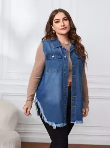 SHEIN Essnce Plus Raw Cut Asymmetrical Hem Vest Denim Jacket Without Tee Boho Style Vacation Music Festival Autumn - Medium Wash - View 3