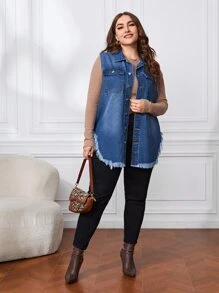 SHEIN Essnce Plus Raw Cut Asymmetrical Hem Vest Denim Jacket Without Tee Boho Style Vacation Music Festival Autumn - Medium Wash - View 4