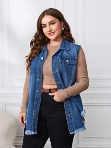 SHEIN Essnce Plus Raw Cut Asymmetrical Hem Vest Denim Jacket Without Tee Boho Style Vacation Music Festival Autumn - Medium Wash - View 6