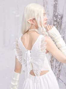 ROMWE Fairycore Vestido de tirantes ala con parche pecho con fruncido - Blanco - Ver 4