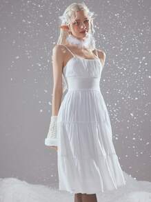 ROMWE Fairycore Vestido de tirantes ala con parche pecho con fruncido - Blanco - Ver 2