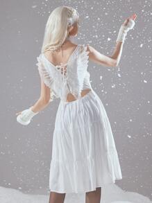 ROMWE Fairycore Vestido de tirantes ala con parche pecho con fruncido - Blanco - Ver 5