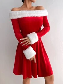 Off Shoulder Fuzzy Trim Velvet Top & Dress - Red - View 3