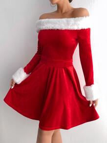 Off Shoulder Fuzzy Trim Velvet Top & Dress - Red - View 4