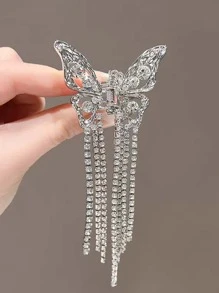 Rhinestone Fringe Decor Butterfly Design Hair Claw - Silver - View 1