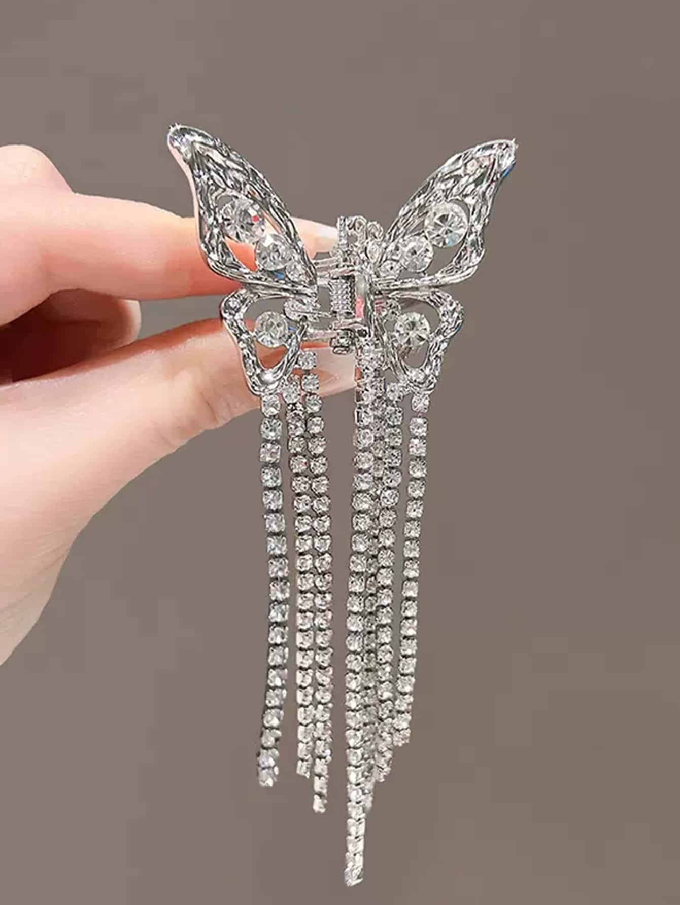 Rhinestone Fringe Decor Butterfly Design Hair Claw - Silver - View 1