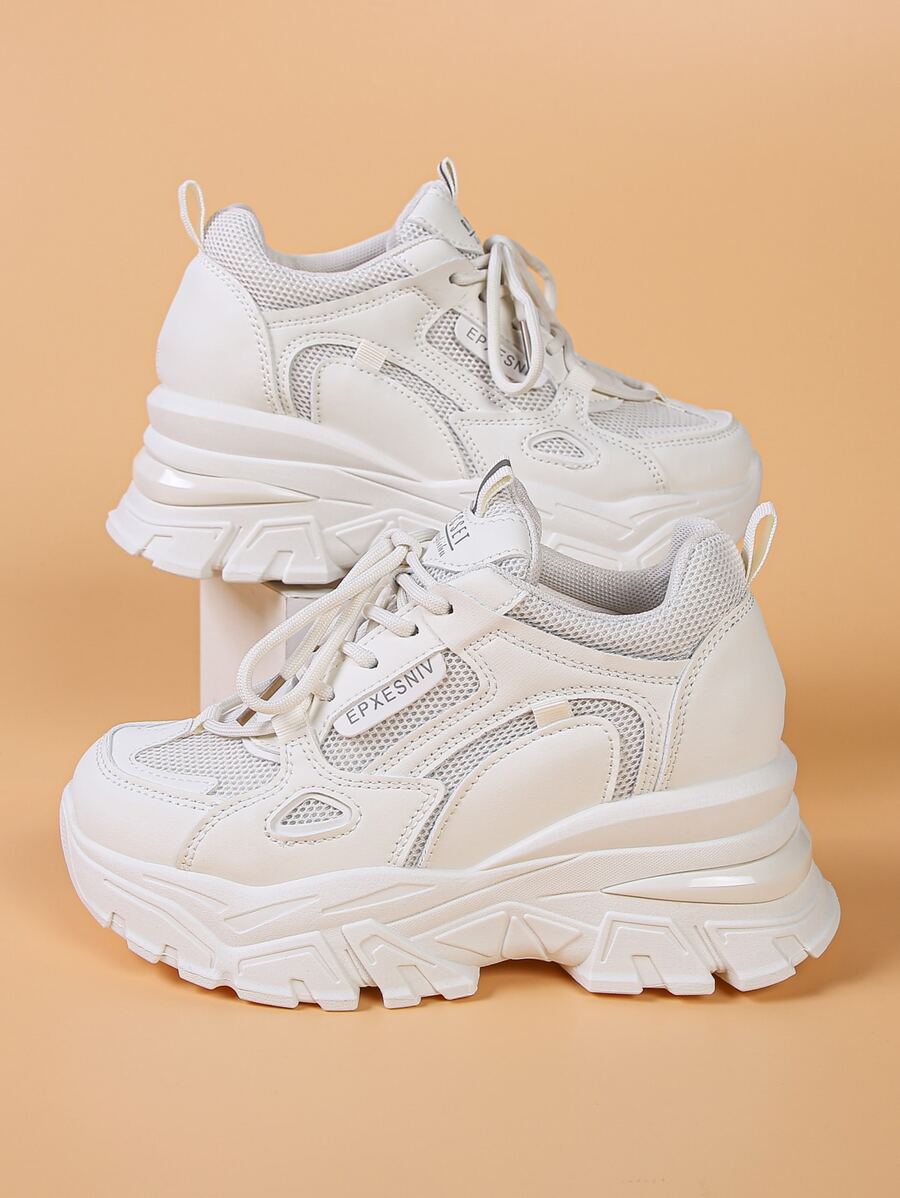 Letter Patch Decor Lace-up Front Wedge Sneakers - Beige - View 1