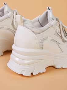 Letter Patch Decor Lace-up Front Wedge Sneakers - Beige - View 2