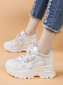 Letter Patch Decor Lace-up Front Wedge Sneakers - Beige - View 3