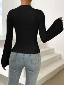 SHEIN Essnce Jersey unicolor de manga con volante - Negro - Ver 2