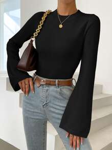 SHEIN Essnce Jersey unicolor de manga con volante - Negro - Ver 3