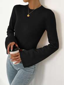 SHEIN Essnce Jersey unicolor de manga con volante - Negro - Ver 6