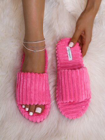 Mengsu 秋冬时尚女士热粉色拖鞋，纯色毛绒卧室拖鞋，毛茸茸的鞋子