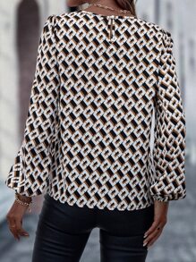 SHEIN LUNE Allover Print Lantern Sleeve Blouse - Black - View 3