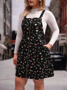 SHEIN VCAY Plus Ditsy Floral Print Pinafore Dress Without Jumper - Black - View 1