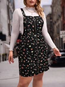 SHEIN VCAY Plus Ditsy Floral Print Pinafore Dress Without Jumper - Black - View 2
